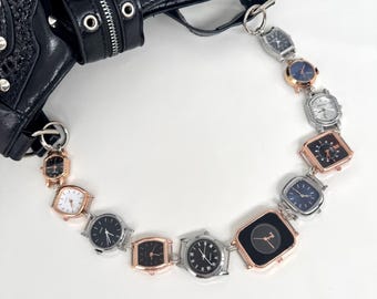 Monochrome Black & Silver Watch Chain Bag Strap, Mixed Shape Clock Faces Purse Strap, Techwear Punk Bag Accessory, Gothic Y2K Bag Chain