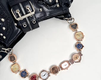 Mixed Shape Watch Chain Bag Strap, Heart & Geometric Clock Faces Purse Strap, Industrial Techwear Bag Accessory, Y2K Statement Bag Chain