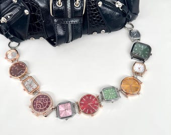 Colorful Watch Chain Bag Strap, Mixed Shape Clock Faces Purse Strap, Punk Rave Bag Accessory, Alternative Fashion Bag Chain, Y2K Jewelry