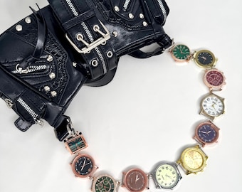 Jewel Tone Watch Chain Bag Strap, Malachite & Burgundy Clock Faces Purse Strap, Retro Punk Bag Accessory, Y2K Rich Color Bag Chain