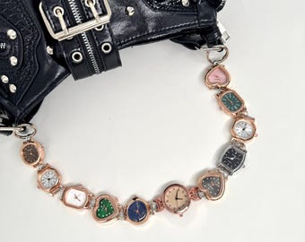 Dark Glam Watch Chain Bag Strap, Black & Rose Gold Mixed Dial Faces Purse Strap, Gothic Punk Bag Accessory, Y2K Dark Romantic Bag Chain