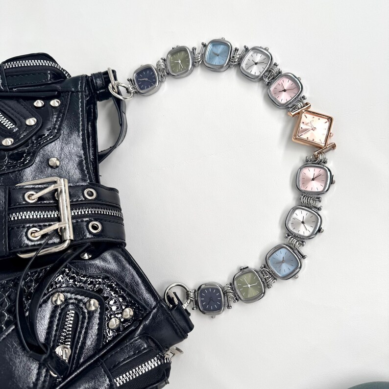 Muted Pastel Watch Chain Bag Strap, Silver Tone Clock Faces Purse Strap, Cool Grunge Bag Accessory, Y2K Minimalist Bag Chain image 4