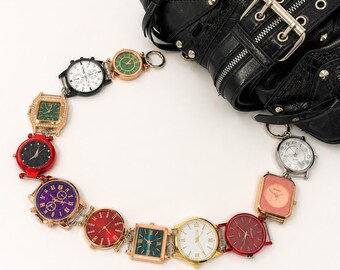 Retro Mixed-Metal Watch Charm Bag Strap, Statement Y2K Bag Chain, Bold Color-Block Bag Decoration