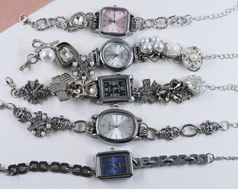 Handmade Silver Tone Charm Bracelet Watch, Vintage Inspired Pearl and Crystal Charms, Personalized Gift for Her