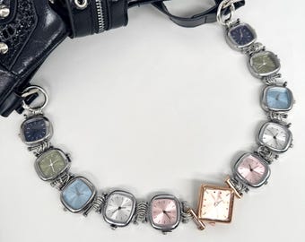Muted Pastel Watch Chain Bag Strap, Silver Tone Clock Faces Purse Strap, Cool Grunge Bag Accessory, Y2K Minimalist Bag Chain