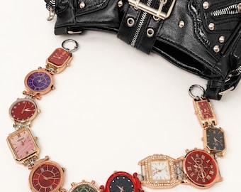 Regal Jewel-Toned Watch Face Bag Chain, Rose Gold Vintage Bag Strap, Old-World Glam Handbag Accessory