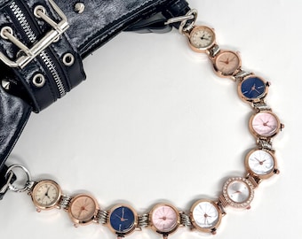 Sweet & Cool Pink Gold Watch Chain Bag Strap, Round Clock Faces Purse Strap, Y2K Alternative Bag Accessory, Soft Punk Bag Chain