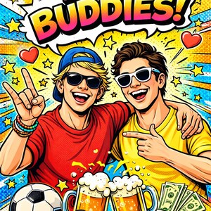 May include: Comic-style illustration with the text "BEST BUDDIES!" featuring two smiling people wearing sunglasses. The image includes a soccer ball, a video game controller, two mugs of beer, and stacks of money, with stars and hearts.