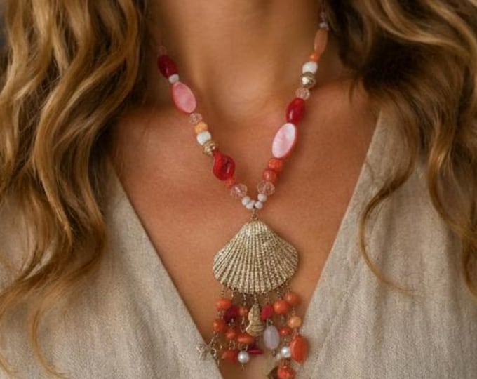 Vintage Coral Beaded Pendant Necklace Long Coastal Statement Shell Charm Tassel Necklace Boho Jewelry