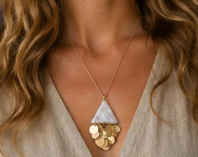 Blush Lucite Geometric Pendant Necklace Gold Disc Dangle Statement Modern Minimalist Jewelry Gift
