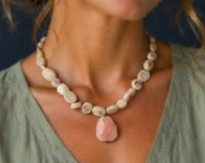 Pink Coral Pendant Necklace with Shell Beads Rustic Organic Statement Jewelry Near Black Accents