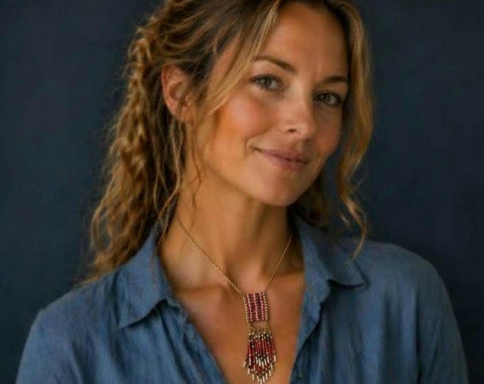 Vintage Boho Beaded Fringe Pendant Necklace Red White Beads Gold Tone Chain Statement Piece