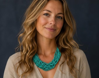 Vintage Turquoise Seed Bead Necklace Multi Strand Layered Statement Bib Necklace Bold Boho Jewelry