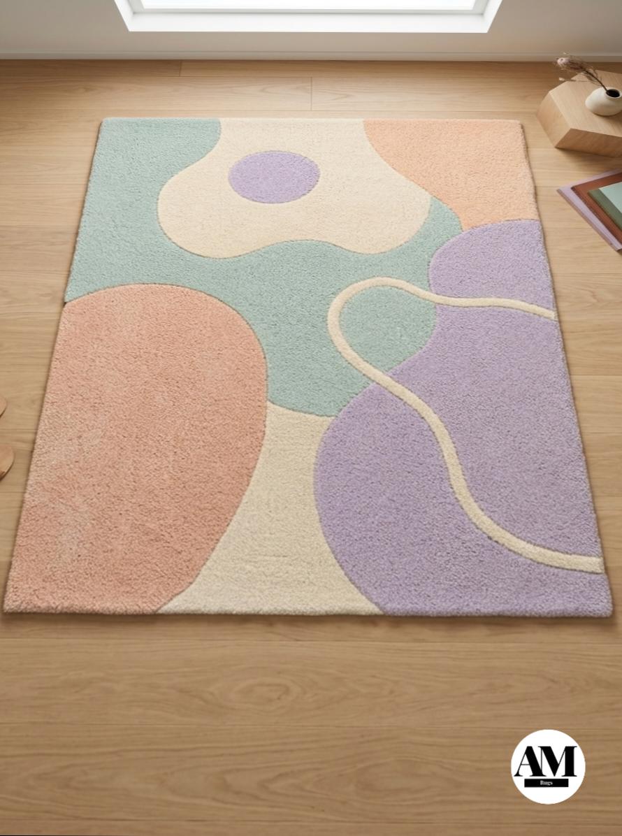 Hand Tufted Wool Rug | Abstract Pastel Floral Shape Carpet, Living Room ...