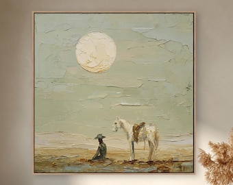 Cowboy and Horse Wall Art – Western Desert Canvas Print with Sun, Neutral Sunset Landscape Style