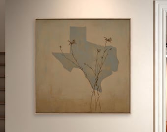Texas Wall Art | Minimal State Silhouette with Wildflowers | Neutral Western Decor | Large Framed Canvas Print
