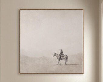 Minimal Cowboy Wall Art | Western Horse Rider Sketch | Neutral Ranch Decor | Large Framed Canvas Art