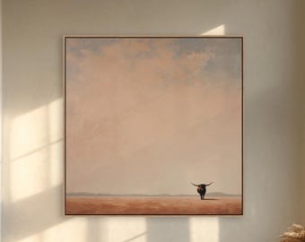 Longhorn Wall Art | Minimalistic Western Landscape | Desert Ranch Decor | Large Framed Square Canvas
