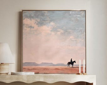 Cowboy Wall Art | Lone Rider Desert Landscape | Minimalistic Western Scene | Large Square Framed Canvas