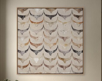 Longhorn Pattern Wall Art | Western Skull Canvas Decor | Neutral Ranch Decor | Large Square Southwestern Canvas Art