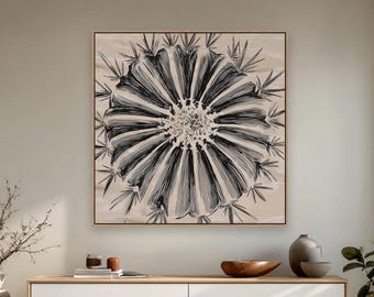 Arte mural de cactus del desierto / Dibujo minimalista de cactus barril / Decoración occidental moderna y neutra / Lienzo enmarcado de gran tamaño