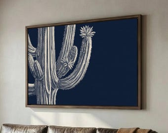 Navy Saguaro Cactus Wall Art | Western Botanical Engraving | Desert Cactus Canvas | Large Minimalistic Western Decor