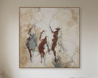 Cowboy Wall Art | Western Roping Scene | Minimal Line Art Ranch Decor | Large Square Framed Canvas
