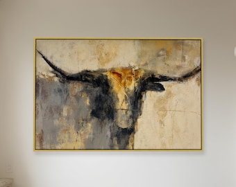 Abstract Longhorn Wall Art, Framed Western Bull Canvas Print, Modern Western Statement Art in Gold and Charcoal