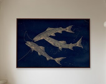 Trout Wall Art | Vintage Fishing Illustration | Navy Lodge Decor | Large Fisherman Canvas