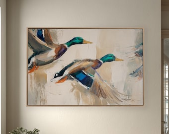 Flying Mallard Ducks Wall Art Floating Framed Canvas, Modern Western Wildlife Artwork, Large Horizontal Statement Piece