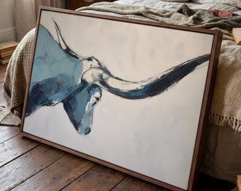 Longhorn Wall Art | Blue Western Longhorn Painting | Modern Ranch Decor | Minimalist Texas Longhorn Art