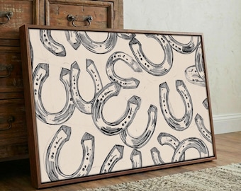 Horseshoe Wall Art | Modern Western Ranch Pattern Canvas Print | Rustic Large Black and White Decor