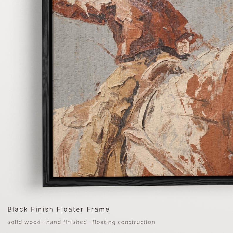 Cowboy on Horseback Canvas Wall Art – Textured Western Print, Modern Ranch Statement Painting Framed | Black