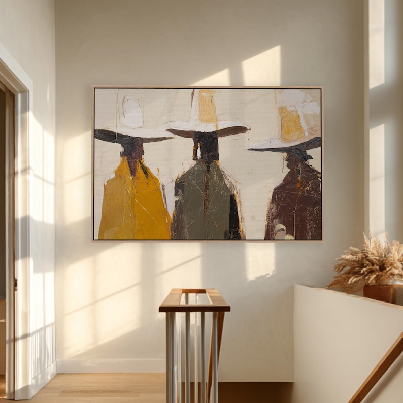 Cowboy Canvas Wall Art – Abstract Western Figures Print, Modern Ranch Wall Decor, Textured Neutral Painting