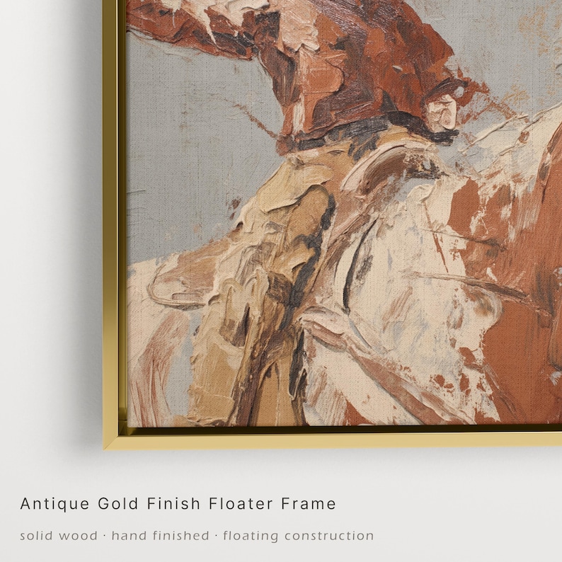 Cowboy on Horseback Canvas Wall Art – Textured Western Print, Modern Ranch Statement Painting Framed | Gold