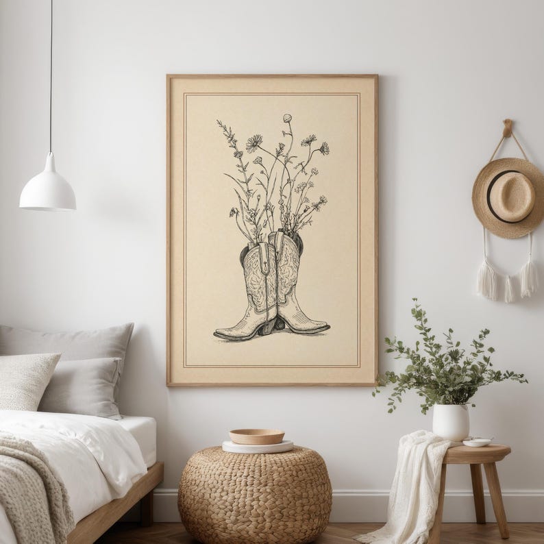 Cowgirl Boots Wall Art Print – Western Floral Decor, Vintage Cowboy Boot Illustration, Rustic Ranch Art, Farmhouse Western Artwork