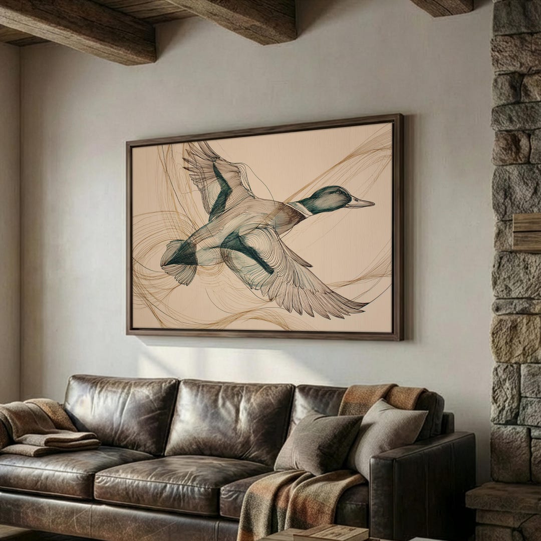 Mallard Duck Wall Art Flying | Sporting Lodge Decor | Abstract Bird Line Art | Large Western Hunting Canvas - Framed | Espresso, 30 x 20 in.