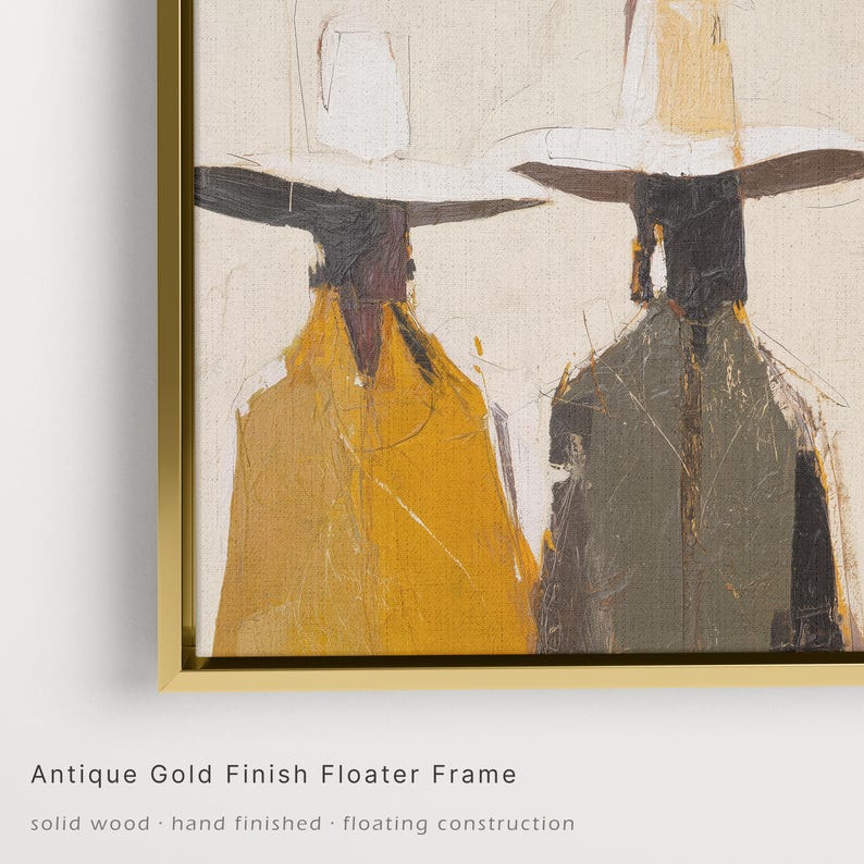 Cowboy Canvas Wall Art – Abstract Western Figures Print, Modern Ranch Wall Decor, Textured Neutral Painting Framed | Gold