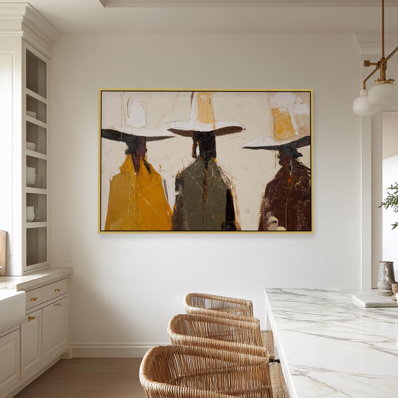 Cowboy Canvas Wall Art – Abstract Western Figures Print, Modern Ranch Wall Decor, Textured Neutral Painting