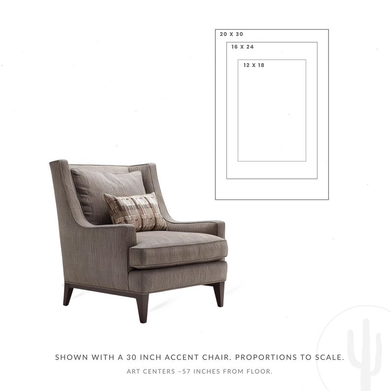 May include: A grey accent chair with a patterned cushion is shown next to three rectangular outlines labeled with dimensions: 50.8 x 76.2 cm, 40.6 x 61 cm, and 30.5 x 45.7 cm. Text reads: Shown with a 30 inch accent chair. Proportions to scale.