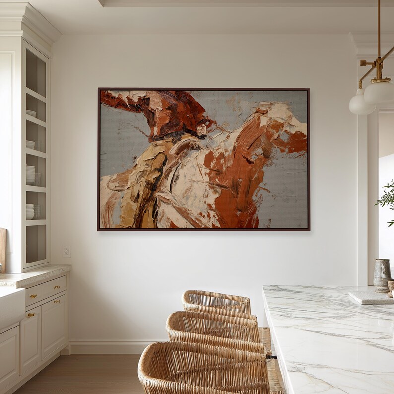 Cowboy on Horseback Canvas Wall Art – Textured Western Print, Modern Ranch Statement Painting