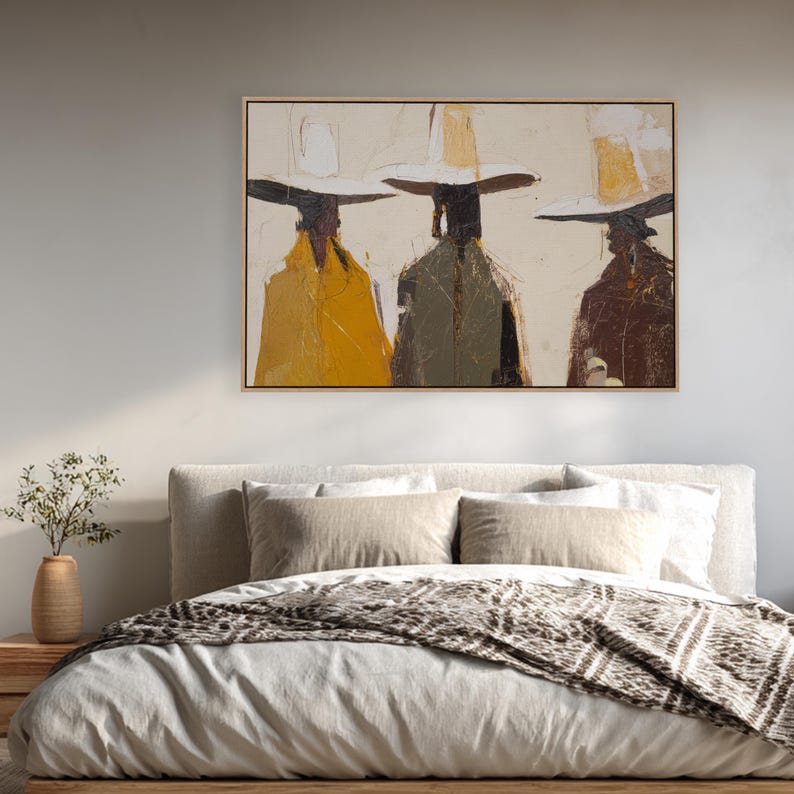 Cowboy Canvas Wall Art – Abstract Western Figures Print, Modern Ranch Wall Decor, Textured Neutral Painting