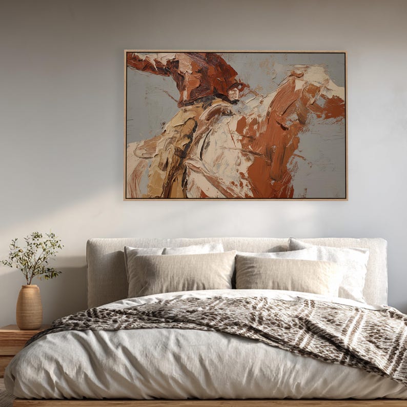 Cowboy on Horseback Canvas Wall Art – Textured Western Print, Modern Ranch Statement Painting