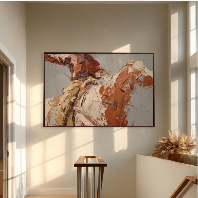 Cowboy on Horseback Canvas Wall Art – Textured Western Print, Modern Ranch Statement Painting
