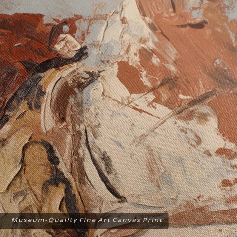 Op de afbeelding: Close-up van een canvas print met dikke penseelstreken in bruin, beige en wit. De textuur van de verf is zichtbaar, waardoor een gevoel van diepte ontstaat. De tekst "Museum-Quality Fine Art Canvas Print" staat onderaan.