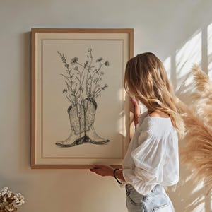 Cowgirl Boots Wall Art Print – Western Floral Decor, Vintage Cowboy Boot Illustration, Rustic Ranch Art, Farmhouse Western Artwork