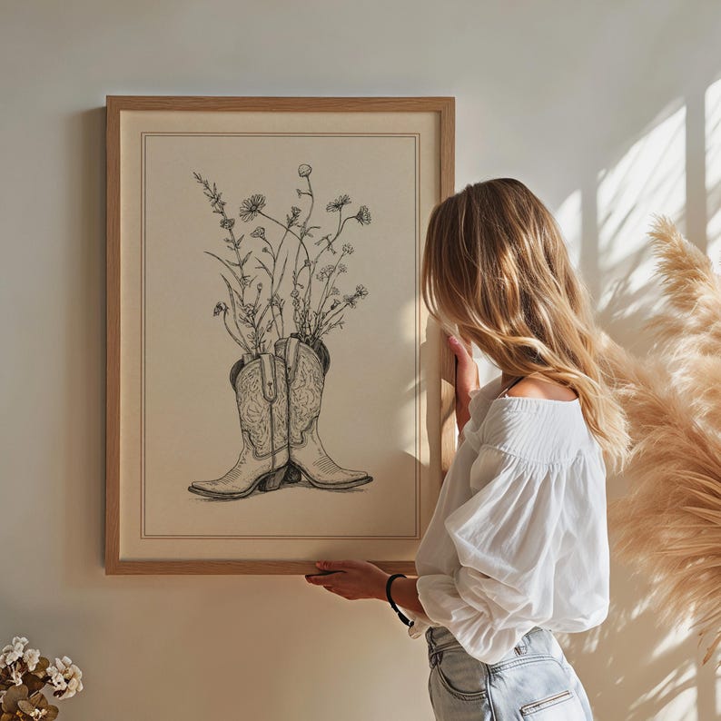 Cowgirl Boots Wall Art Print – Western Floral Decor, Vintage Cowboy Boot Illustration, Rustic Ranch Art, Farmhouse Western Artwork