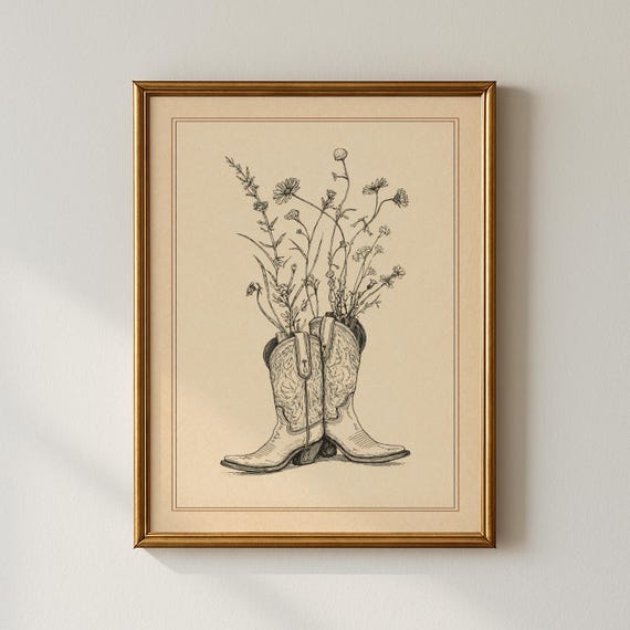 Cowgirl Boots Wall Art Print – Western Floral Decor, Vintage Cowboy Boot Illustration, Rustic Ranch Art, Farmhouse Western Artwork