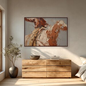 Cowboy on Horseback Canvas Wall Art – Textured Western Print, Modern Ranch Statement Painting