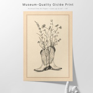 Cowgirl Boots Wall Art Print – Western Floral Decor, Vintage Cowboy Boot Illustration, Rustic Ranch Art, Farmhouse Western Artwork
